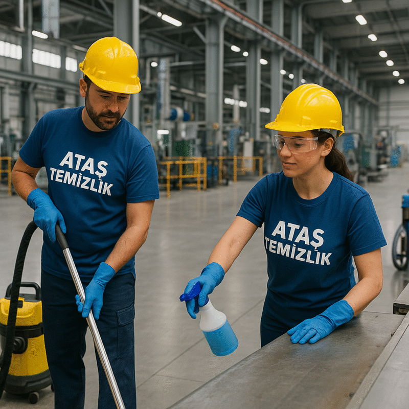 İki temizlik personeli, geniş bir fabrika alanında temizlik yapıyor; biri zemini paspaslarken diğeri makineleri siliyor. Üzerlerinde Ataş Temizlik üniforması ve güvenlik ekipmanları (baret, eldiven) bulunuyor.